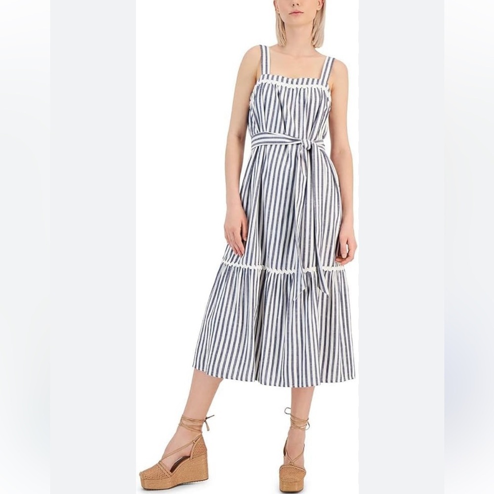 NWT INC International Concepts Striped Navy Blue and White Midi Dress, Size 16